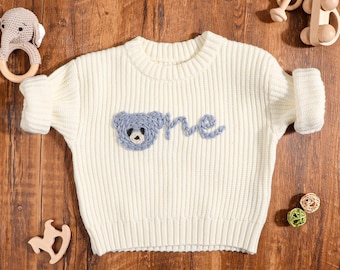 Personalised Cream Knit Beary First Birthday Baby Sweater, Baby 1st Birthday Jumper, Name Sweater
