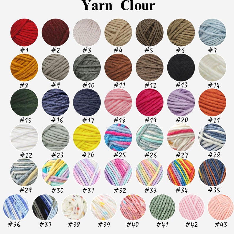 May include: A color chart of yarn balls, each in a different color, with numbers from 1 to 43. The yarn colors include red, brown, beige, yellow, green, blue, pink, and various mixed colors. The text "Yarn Clour" is at the top.
