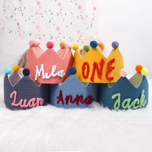 Hand Embroidered Linen Crown for Kids and Children&#39;s Birthdays，Keepsake for First Birthday Party | Neutral Birthday, Personalized Gifts
