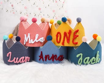 Hand Embroidered Linen Crown for Kids and Children's Birthdays，Keepsake for First Birthday Party | Neutral Birthday, Personalized Gifts