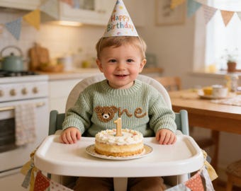 Personalized Blue Knit Bear First Birthday Baby Sweater, Hand Embroidered Birthday Sweater, Baby 1st Birthday Jumper, Valentines day gift
