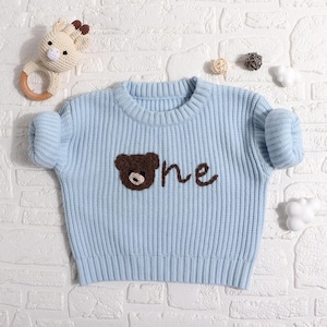 Personalized Cream Knit Bear First Birthday Baby Sweater, Hand embroidered One Sweater First Birthday Sweater, Baby birthday gift