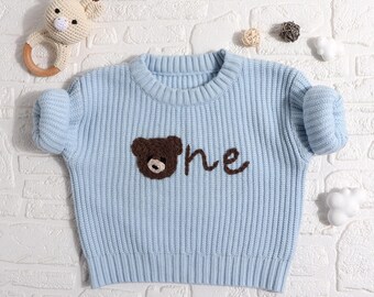 Suéter personalizado de urso de tricô creme para o primeiro aniversário do bebê, suéter bordado à mão para o primeiro aniversário, presente de aniversário para bebê