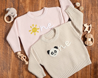 Personalised Cream Knit Bear First Birthday Baby Sweater, Hand Embroidered Birthday Sweater, Baby 1st Birthday Jumper