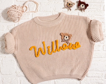 Custom Baby Name Sweater with Teddy Bear, Embroidered Baby Sweatshirt, Personalized Baby Clothes, Baby Knit Sweater, Kids Jumper