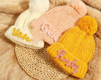 Custom Embroidered Children's Winter Hats, Personalized Baby Hats, Woven Baby Hats, Baby Warm Headwear,  Children's Woven pom Pom Hats