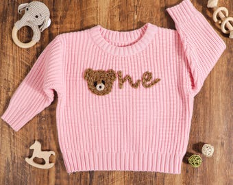 Personalised Pink Knit Beary First Birthday Baby Sweater, Baby 1st Birthday Jumper, Name Sweater