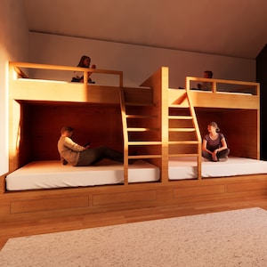 May include: A wooden bunk bed with four beds, two on the top and two on the bottom. The beds are made with white sheets and pillows. There are people sitting on the beds. The room has a dark brown wall with two windows and a wooden floor.