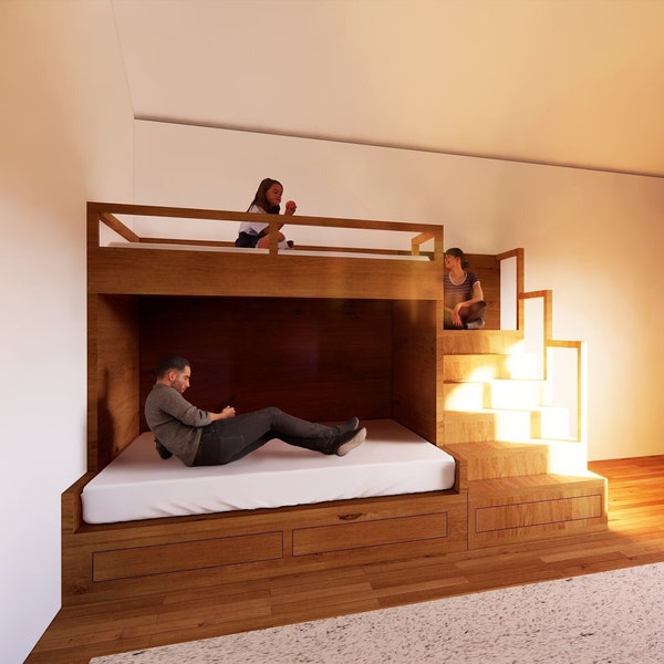 MOBILIER｜ Lits superposés respectueux de l'environnement avec escalier - Une place pour enfants en haut pour les enfants/un grand lit en bas pour un grand lit - Plans de construction DIY