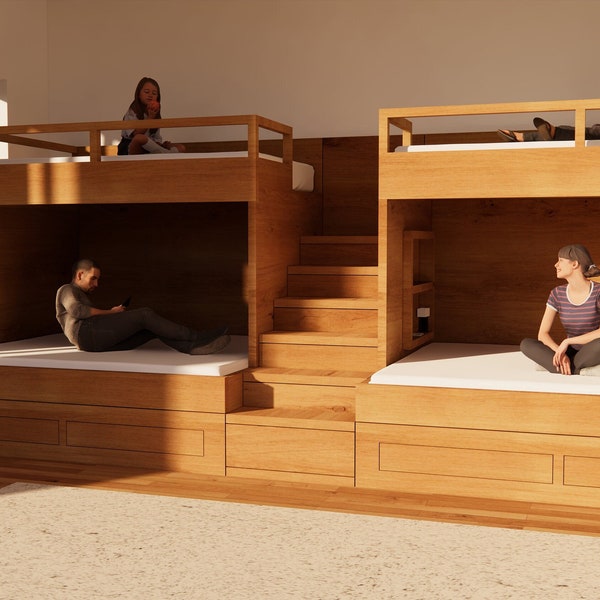 MOBILIER : Brady - Lit double superposé écologique avec escalier - Lit simple en haut pour enfants / Grand lit double en bas - Plans de construction DIY