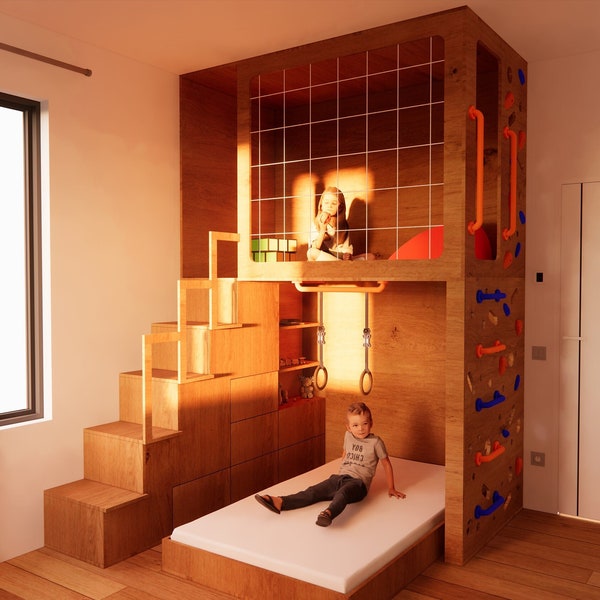 FURNITURE｜Uz - Eco-Friendly Bunk Bed Game Station Climbing Wall Kids - DIY Build Plans