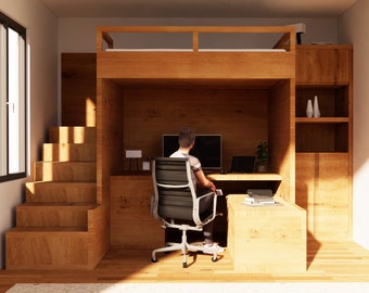 Salcedo - Eco-Friendly Bunk Bed with Stairs and Work - Study Table - Cabinet - Full Size 54" x 75" - Kids Adult - Digital Download｜FURNITURE