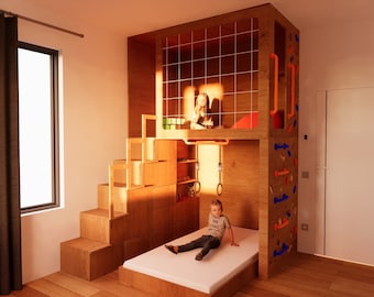 FURNITURE｜Uz - Eco-Friendly Bunk Bed Game Station Climbing Wall Kids - DIY Build Plans