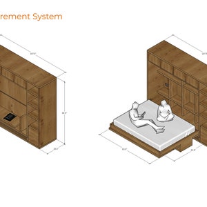 K&ouml;nnte beinhalten: Eine Holzwand-Einheit mit Regalen und Schr&auml;nken, die in einen Schreibtisch oder ein Bett umgewandelt werden kann. Die Einheit ist 207 cm hoch, 85 cm breit und 41 cm tief. Die Einheit wird in zwei Konfigurationen gezeigt: eine mit einem Schreibtisch und einem Stuhl und eine mit einem Bett und zwei Personen, die darauf sitzen. Der Text "Imperial Measurement System" befindet sich oben im Bild. Der Text "Kunst Market" befindet sich unten im Bild.
