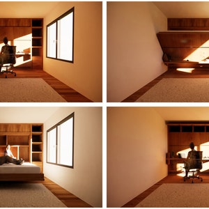K&ouml;nnte beinhalten: Eine Holzwand-Einheit mit einem Klapptisch und einem Bett, das sich in die Wand klappen l&auml;sst. Die Einheit verf&uuml;gt &uuml;ber Regale und ein Fenster mit nat&uuml;rlichem Licht. Der Schreibtisch ist mit einem Stuhl und einem Laptop ausgestattet. Das Bett ist mit einer Person darauf zu sehen.