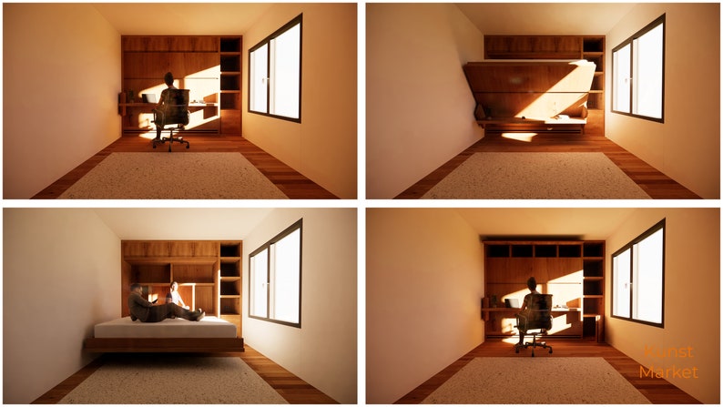 K&ouml;nnte beinhalten: Eine Holzwand-Einheit mit einem Klapptisch und einem Bett, das sich in die Wand klappen l&auml;sst. Die Einheit verf&uuml;gt &uuml;ber Regale und ein Fenster mit nat&uuml;rlichem Licht. Der Schreibtisch ist mit einem Stuhl und einem Laptop ausgestattet. Das Bett ist mit einer Person darauf zu sehen.