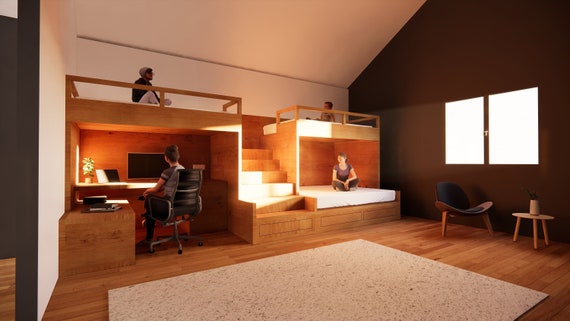 Furnitureeco friendly Double Bunk Bed With Stairs and Work Study Table Single Upper Kids Queen Lower DIY Build Plans Etsy Canada