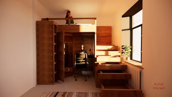 Furnituregamston Eco friendly Bunk Bed With Stairs Study Table Wardrobe Queen Size 4 0 X 6 3 Kids Adult DIY Build Plans Etsy Canada