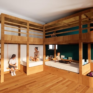 May include: A custom-built wooden bunk bed with a unique design. The bed features two levels, a swing, and a built-in storage area. The room has hardwood floors and a dark green accent wall. Several people are in the room.