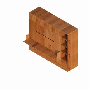 K&ouml;nnte beinhalten: Eine Holzwand-Einheit mit einem Regal und einem Schrank. Die Einheit ist aus hellbraunem Holz gefertigt und hat ein modernes Design.