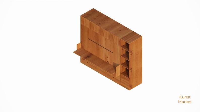 K&ouml;nnte beinhalten: Eine Holzwand-Einheit mit einem Regal und einem Schrank. Die Einheit ist aus hellbraunem Holz gefertigt und hat ein modernes Design.