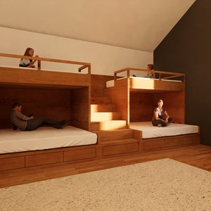 FURNITURE｜Eco-Friendly Double Split Bunk Bed with Stairs - Twin XL Upper  / Queen Lower - DIY Build Plans
