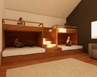 FURNITURE｜Eco-Friendly Double Split Bunk Bed with Stairs - Twin XL Upper  / Queen Lower - DIY Build Plans