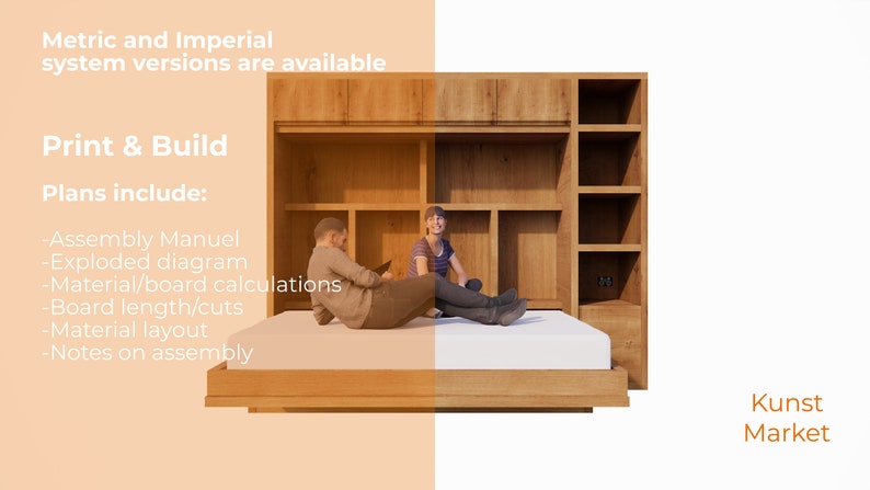 K&ouml;nnte beinhalten: Ein Holzbettgestell mit eingebauten Regalen und einem Kopfteil. Das Bett ist aus hellbraunem Holz und hat eine wei&szlig;e Matratze. Zwei Personen sitzen auf dem Bett und schauen auf ein Tablet. Der Text "Print & Build" und "Plans include:" ist auf der linken Seite des Bildes sichtbar. Der Text "Kunst Market" ist auf der rechten Seite des Bildes sichtbar.