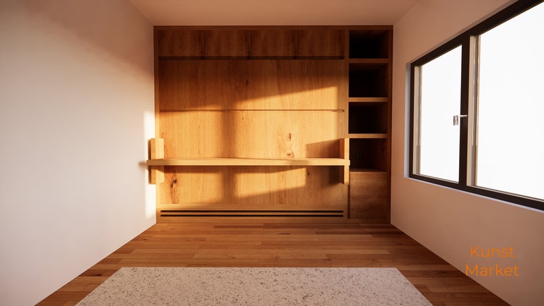 K&ouml;nnte beinhalten: Eine Holzwand-Einheit mit Regalen und einer langen, schmalen Arbeitsplatte. Die Einheit ist aus hellbraunem Holz gefertigt und hat eine nat&uuml;rliche Oberfl&auml;che. Die Wand-Einheit befindet sich in einem Raum mit einer wei&szlig;en Wand und einem Fenster mit schwarzem Rahmen.