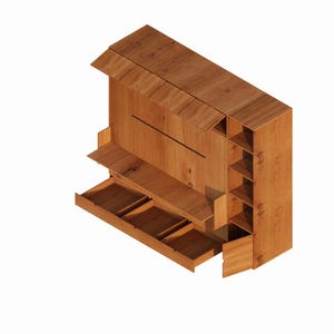 K&ouml;nnte beinhalten: Ein Holzschrank mit mehreren Regalen und Schubladen. Der Schrank ist aus hellem braunem Holz gefertigt und hat ein modernes Design.