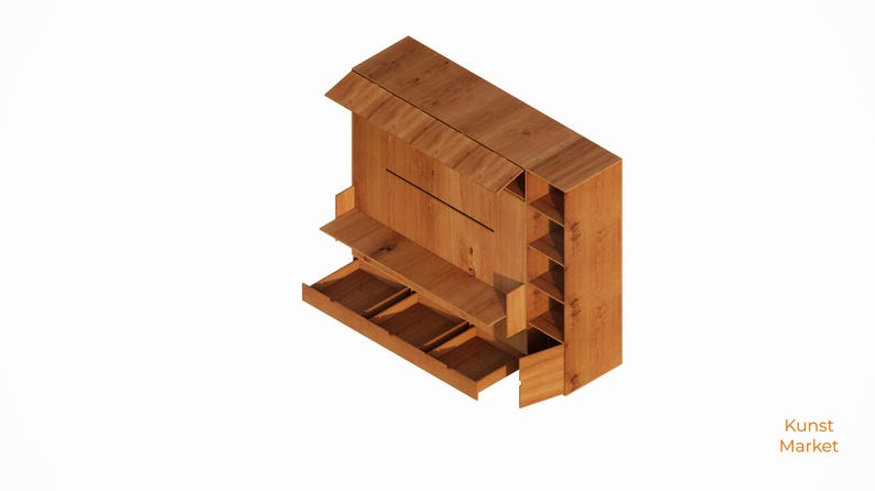 K&ouml;nnte beinhalten: Ein Holzschrank mit mehreren Regalen und Schubladen. Der Schrank ist aus hellem braunem Holz gefertigt und hat ein modernes Design.