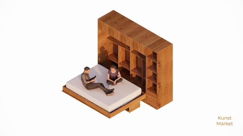 K&ouml;nnte beinhalten: Eine Holzwand mit Regalen und einem ausziehbaren Bett. Zwei Personen sitzen auf dem Bett, eine liest ein Buch und die andere schaut auf ein Tablet.