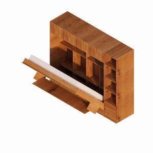 K&ouml;nnte beinhalten: Ein wandmontierter Schrank aus Holz mit einem Klappbett. Der Schrank hat mehrere Regale und eine T&uuml;r. Das Bett ist heruntergeklappt und besteht aus Holz und wei&szlig;em Stoff.