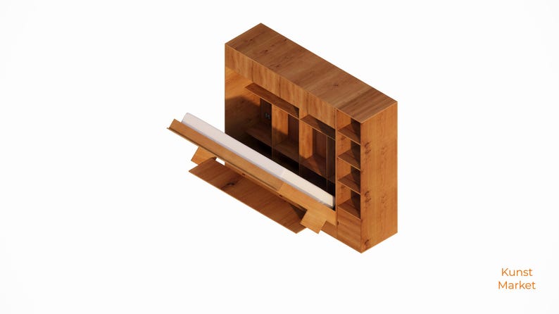 K&ouml;nnte beinhalten: Ein wandmontierter Schrank aus Holz mit einem Klappbett. Der Schrank hat mehrere Regale und eine T&uuml;r. Das Bett ist heruntergeklappt und besteht aus Holz und wei&szlig;em Stoff.
