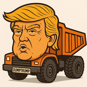 Puede incluir: Un camión volquete de dibujos animados naranja con una cara grande y cabello amarillo. La cara tiene una expresión severa. El camión tiene neumáticos negros y el texto "DUMPTRUMP" en la parte delantera.