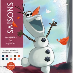 Puede incluir: Un libro para colorear de Disney titulado SAISONS COLORIAGES mystères que muestra al muñeco de nieve Olaf con nariz de zanahoria y brazos de rama. La portada muestra a Olaf rodeado de hojas de otoño naranjas, con una paleta de colores.
