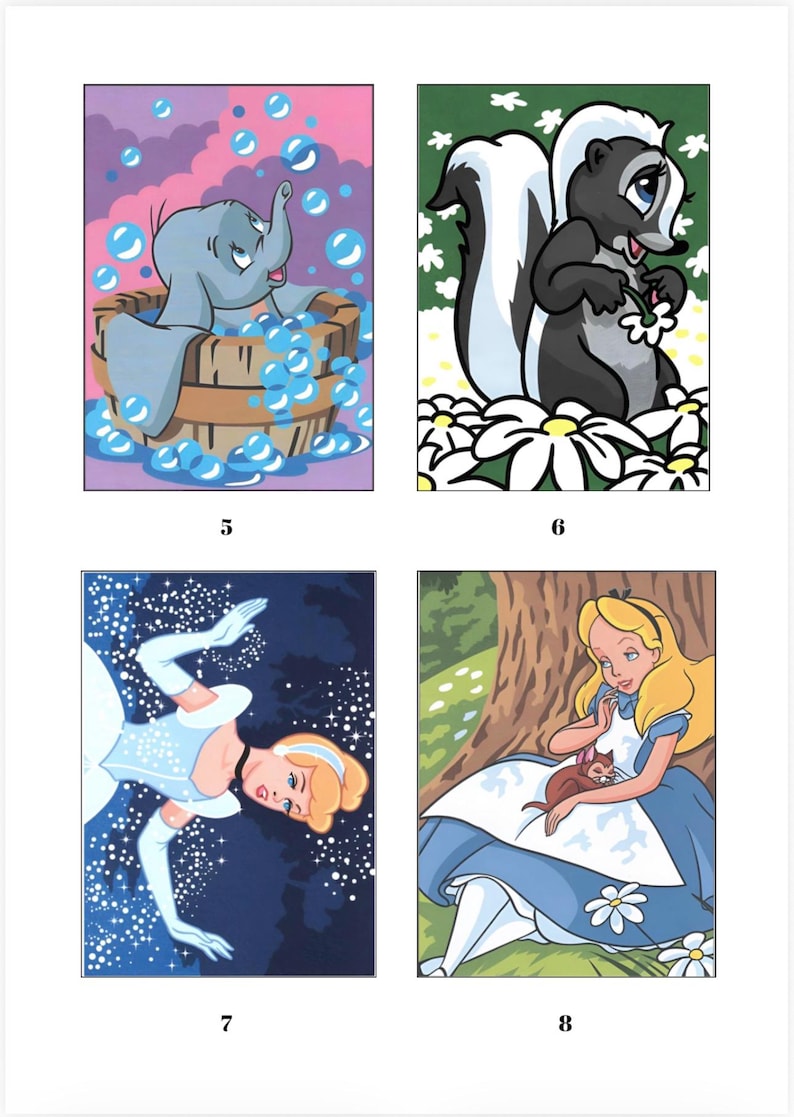 Pu&ograve; includere: Un set di quattro illustrazioni con personaggi dei cartoni animati: un elefante grigio in una tinozza di legno con bolle blu, una puzzola bianca e nera in un campo di margherite, un personaggio biondo e una ragazza bionda con un animale.