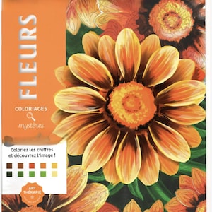 Puede incluir: Una portada de libro de colorear por números titulada FLEURS COLORIAGES mystères con una flor grande naranja y amarilla en el centro, rodeada de otros contornos florales. La portada incluye una clave de color y el texto Art Thérapie.