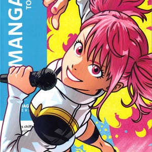 Puede incluir: Un libro para colorear titulado MANGAS TOME 2 con una vibrante ilustración de portada de un personaje con cabello rosa brillante en coletas, vistiendo un traje blanco y negro, sosteniendo un micrófono negro sobre un fondo amarillo y rosa.