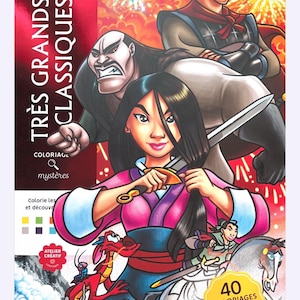 Op de afbeelding: Een Disney kleurboek met Mulan-personages. De voorkant toont Mulan met een zwaard, samen met andere personages. De titel luidt "TRÈS GRANDS CLASSIQUES" en "COLORIAGE mystères". Het boek bevat 40 gigantische mystery kleurplaten.