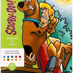 Op de afbeelding: Een Scooby-Doo kleurboek met een bruine Duitse dog en een blond menselijk personage met een bange uitdrukking. De kaft bevat de tekst Scooby-Doo, Coloriages mystères en Colorie les chiffres et découvre l'image, met een kleurenpalet.