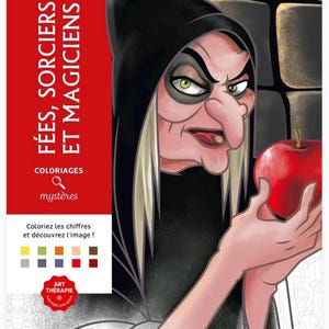 May include: A Disney colouring book titled Fées, Sorciers et Magiciens featuring an illustration of a witch with a black hood and pale skin holding a bright red apple. The cover includes a colour key, the text Coloriages mystères, and Art Thérapie.
