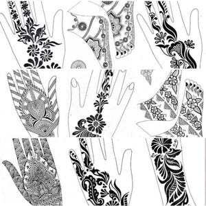May include: A selection of black and white henna designs featuring floral patterns, paisley, and geometric shapes. The images show hands and feet adorned with henna patterns. The designs are detailed and intricate, showcasing various styles.