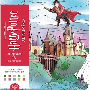 Può includere: Un libro da colorare con i numeri di Harry Potter che mostra un personaggio in tunica rossa che vola su una scopa sopra un grande castello. La copertina presenta una barra laterale rossa con testo bianco, una tavolozza di colori e acqua.
