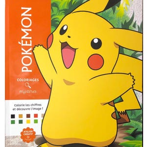 Könnte beinhalten: Ein Pokemon-Malbuch mit einem großen gelben Pikachu auf dem Cover. Die orangefarbene Seitenleiste zeigt den Text Pokemon, Coloriages mysteres und Colorie les chiffres et decouvre l'image sowie eine Farblegende für die Zahlenfelder.