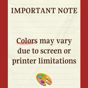 Pu&ograve; includere: Un cartello rettangolare con bordo rosso scuro e centro color crema con linee orizzontali. Il testo recita IMPORTANT NOTE e Colors may vary due to screen or printer limitations. In basso &egrave; presente una piccola icona di tavolozza in legno.