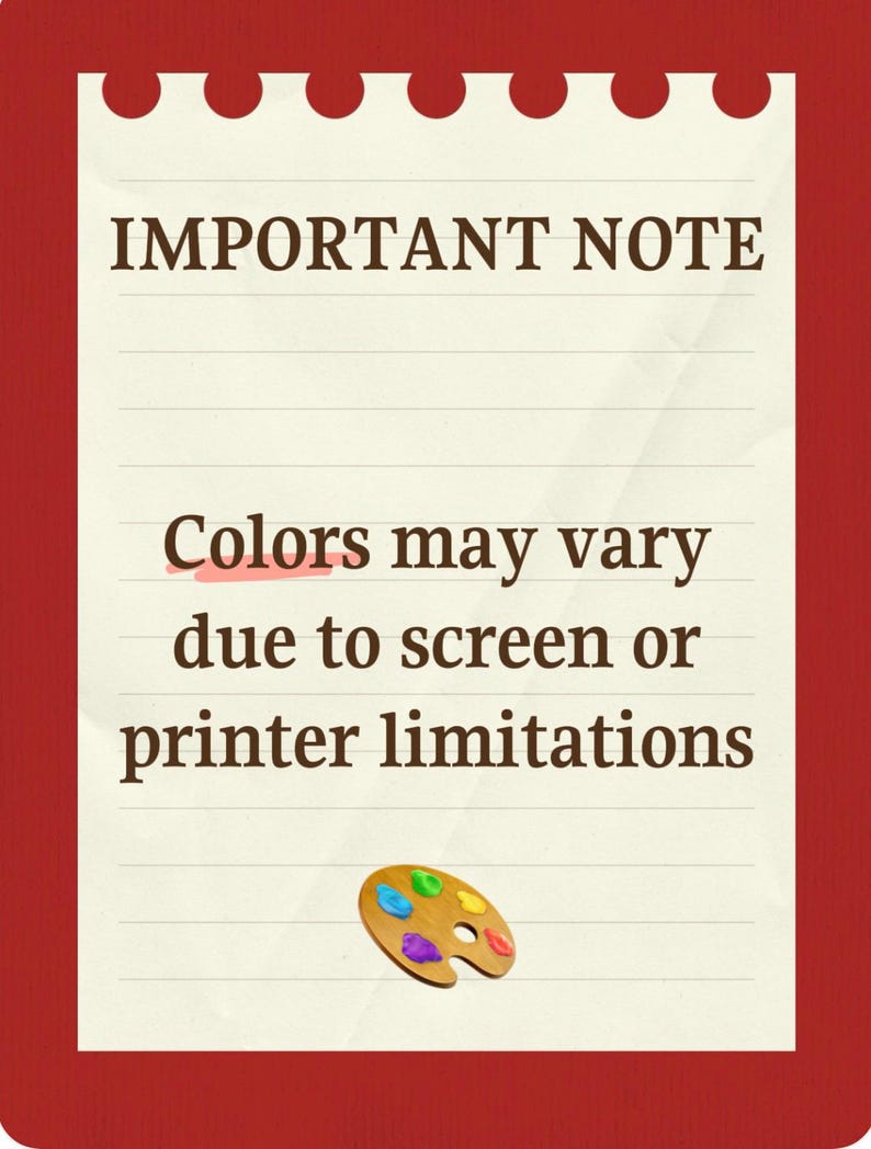Pu&ograve; includere: Un cartello rettangolare con bordo rosso scuro e centro color crema con linee orizzontali. Il testo recita IMPORTANT NOTE e Colors may vary due to screen or printer limitations. In basso &egrave; presente una piccola icona di tavolozza in legno.