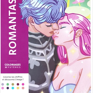 Puede incluir: Una portada de libro para colorear titulada ROMANTASY con una ilustración de dos figuras con cabello azul y rosa a punto de besarse. La portada incluye el texto COLORIAGES MYSTÈRES, una paleta de colores y un logotipo de Art Thérapie.