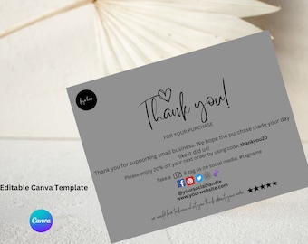 Thanks For Your Purchase Card, Small Business Thank You Card Template, Canva Template, Instant Download, Editable Printable Thank You Card