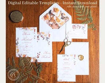 ANNE - Floral Wedding Invitation Suite Template | White and Orange Editable Romantic Wedding Invite Suite Printable Cards, Envelope Liner